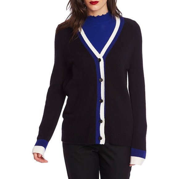 NWOT Court & Rowe Black Wool-Blend V-Neck Stripe Trim Cardigan Sweater - Picture 1 of 9